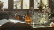© MIKHAIL - Close-up of a perfumer's workplace. Vintage cinematic concept. Sunny day in the working workshop. Lots of ingredients, a book, glass flasks on the table. Depth of field
