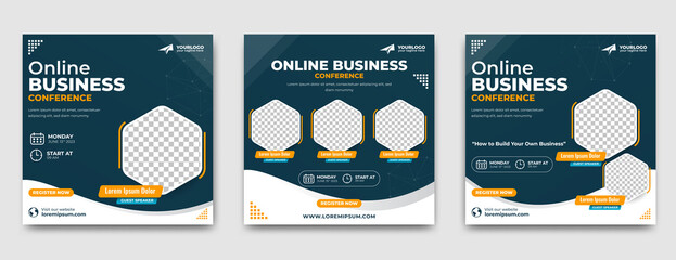 Business webinar social media post template. Modern banner design with black and white background and yellow shape