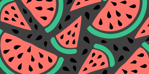 Wall Mural - Pattern with watermelons and watermelon slices. Fruits vector background.
