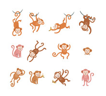 Set Of Cute Monkey With Funny Face In Different Poses. Cartoon Animal Design. Flat Vector Illustration Isolated On White Background.