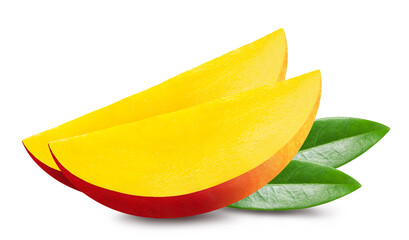 Mango isolated. Two juicy slices of ripe mango. Fresh fruits.