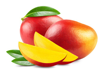 Wall Mural - mango isolated. ripe red mango and mango slices on a white background.