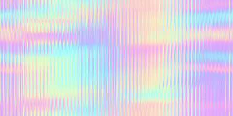 Wall Mural - Seamless trendy iridescent rainbow corrugated ribbed glass background texture. Soft pastel holographic frosted window refraction pattern. Modern blurry pearlescent unicorn foil abstract 3D rendering.