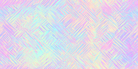 Wall Mural - Seamless trendy iridescent rainbow corrugated ribbed glass background texture. Soft pastel holographic frosted window refraction pattern. Modern blurry pearlescent unicorn foil abstract 3D rendering.