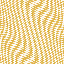Vector Seamless Pattern With Optical Illusion Effect. Simple Abstract Background With Distorted Checkered Grid. Op Art Texture. Deformed Surface. Yellow Color. Retro Vintage Style Repeat Geo Design