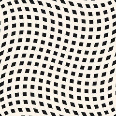 Black and white vector checkered seamless pattern with optical illusion effect. Simple abstract vector monochrome background with small squares, grid. Modern distorted texture. Op art style design