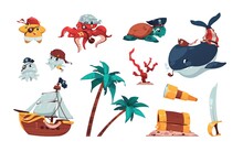 Cartoon Pirate Collection. Cute Marine Animals In Pirate Costumes, Spyglass Wooden Chest Palm Trees And Sailboat Kids Illustration. Vector Isolated Set