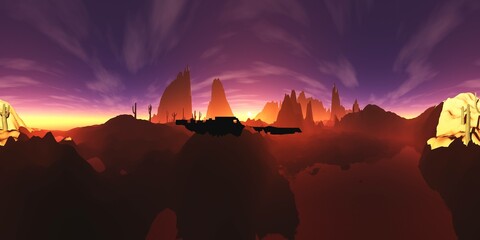 Wall Mural - alien landscape at the rising of a star, HDRI, environment map , Round panorama, spherical panorama, equidistant projection, 360 high resolution panorama, 3d rendering
