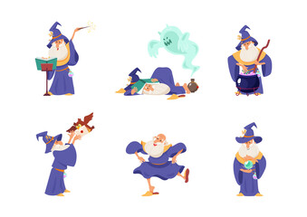 Wall Mural - Set of funny wizards. Cartoon illustrations of an elderly bearded sorcerer isolated on a white background. Vector 10 EPS.