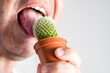 Close-up, male tongue licking a cactus.