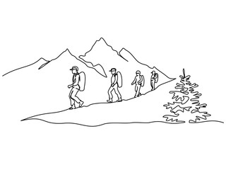 Wall Mural - Group of travelers hiking in mountains. Modern single line draw