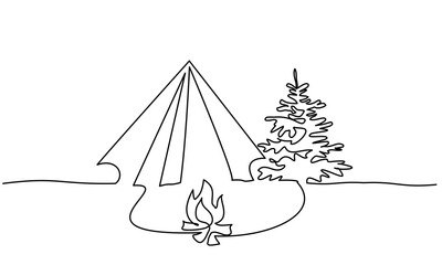 Wall Mural - Tourist tent with fire and pine tree. Continuous Single one line