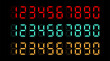 Vector set of electronic digits numbers font from a clock and a countdown timer. Red orange watch and calculator display symbols