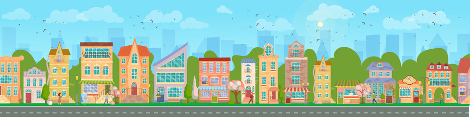  City street. Panoramic cityscape with bright houses, walking pedestrians, flowering trees. Shop and stores. Spring city. Vector illustration in cartoon style.