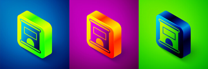 Poster - Isometric Ticket office to buy tickets for train or plane icon isolated on blue, purple and green background. Buying tickets. Ticket service. Square button. Vector