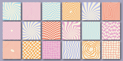 Vector set of Groovy social media backgrounds. Checkerboard, chessboard, mesh, waves patterns. Twisted and distorted vector texture in trendy retro psychedelic style. Y2k aesthetic.