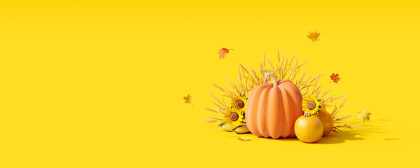 Wall Mural - Autumn seasonal background with pumpkins and fall decorations on yellow background 3d render 3d illustration