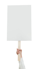 Woman holding blank protest sign on white background, closeup