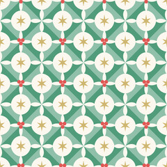 Seamless Pattern with Geometric Holly Leaves, Berries, and Stars. For Winter Holidays wrapping paper, background, fabric, decoration, etc.