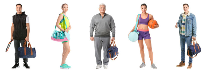 Poster - Set of people with sports bags on white background