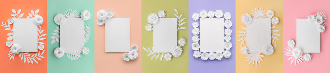 Wall Mural - Set of beautiful handmade paper flowers, leaves and blank cards on colorful background