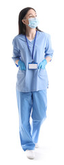 Wall Mural - Female medical assistant in protective mask and gloves on white background