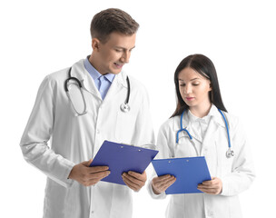 Wall Mural - Medical assistants with clipboards on white background