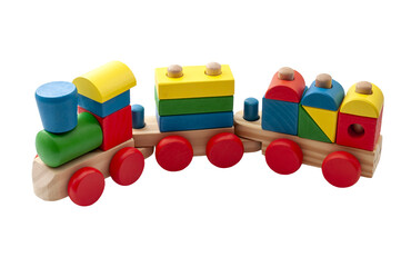 vintage toy train model made of blocks in many shapes isolated on white background with a clipping p
