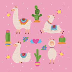 Canvas Print - cute llamas and cactus