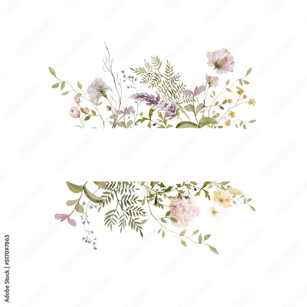 Watercolor floral wreath. Hand painted frame of greenery, wildflowers ...