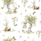 Fototapeta Dziecięca - Watercolor nursery seamless pattern. Hand painted woodland cute baby animals in wild, forest summer landscape, bunny, rabbit, mouse. illustration for baby wallpaper, wall art decor, fabric