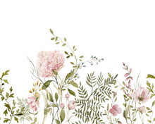 Watercolor Floral Seamless Border. Hand Painted Frame Of Green Leaves, Wildflowers, Field Flowers, Isolated On White Background. Iillustration For Design, Print, Background