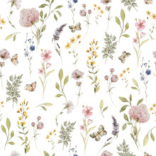 Watercolor Floral Seamless Fabric. Hand Painted Greenery, Wildflowers, Herbs, Green Leaves, Field Flowers Isolated On White Background. Botanical Illustration For Design, Print, Fabric, Wallpaper