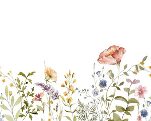 Watercolor floral seamless border. Hand painted frame of green leaves, wildflowers, field flowers, isolated on white background. Iillustration for design, print, background