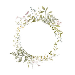 Watercolor floral wreath. Hand painted frame of greenery, wildflowers, herbs. Green leaves, field flowers isolated on white background. Botanical illustration for design, print or background