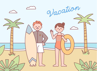 Wall Mural - summer vacation poster. cute man and woman greeting each other with surfboards and swimming tubes. t