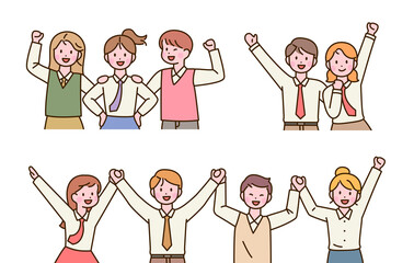 Wall Mural - cute student characters in school uniforms are holding hands and cheering with their friends. flat d