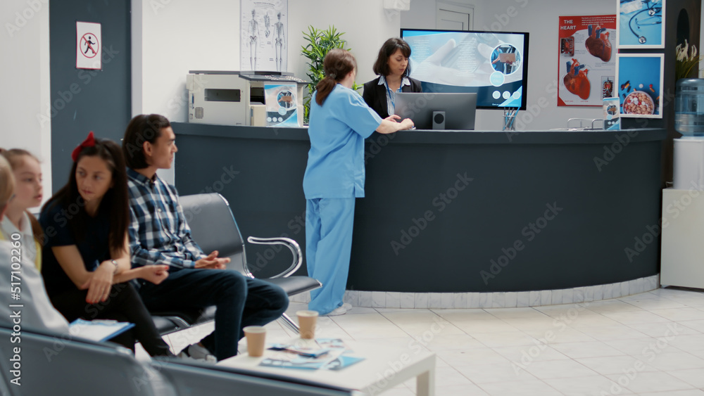 Hospital reception counter to do medical appointment registration with ...