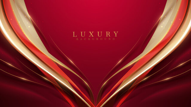 Red luxury background with golden curve decoration with glitter light effect elements and bokeh.