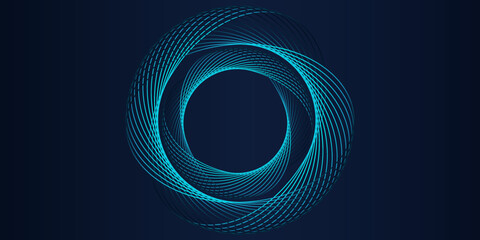 Poster - Vector abstract circle frame with wavy rounded lines pattern flowing in blue green colors isolated on black background for concept of music, technology, ai