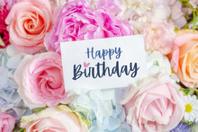 Happy Birthday Card On Blossom Flower Bouquet Background