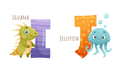 Wall Mural - Cute zoo alphabet. I,J letters and iguana, jellyfish animals cartoon vector illustration