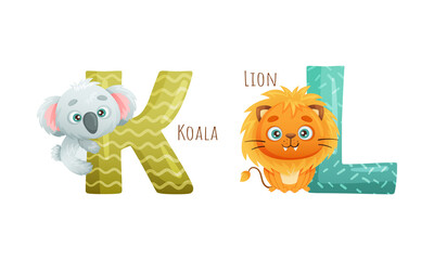 Wall Mural - Cute zoo alphabet. K,L letters and koala, lion animals cartoon vector illustration