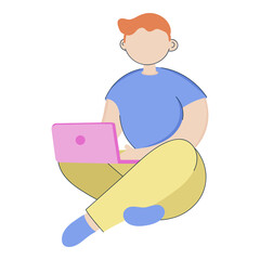 Sticker - Faceless Young Boy Using Laptop On White Background.