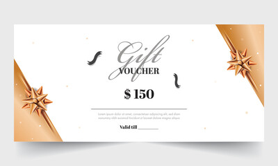 Sticker - Gift Voucher Banner Or Header Design With Realistic Flower Ribbon On White And Copper Background.