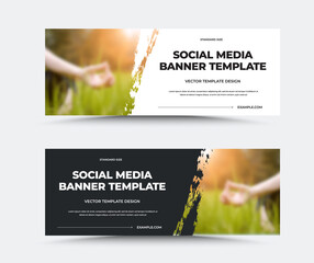 Wall Mural - standard size vector banner template with white, black background, space for info, photo edges, soci
