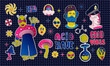 Acid stickers collection. Cool trendy smile rave patches. Set of psychedelic alien, sculpture, mushrooms, lemon, flower.