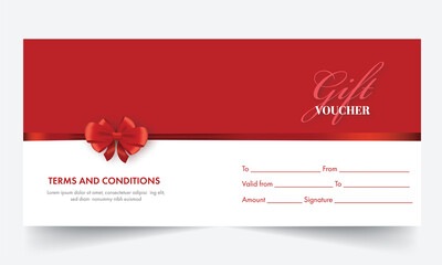 Poster - Gift Voucher Banner Or Header Design Closed With Bow Ribbon On Red And White Background.