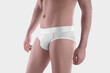 © olegphotor - White underpants mockup, underwear on athletic shaved guy body, isolated on background in studio, front, side.
