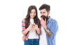 © be free - Family of bearded man and girl child text message on mobile phone, sms